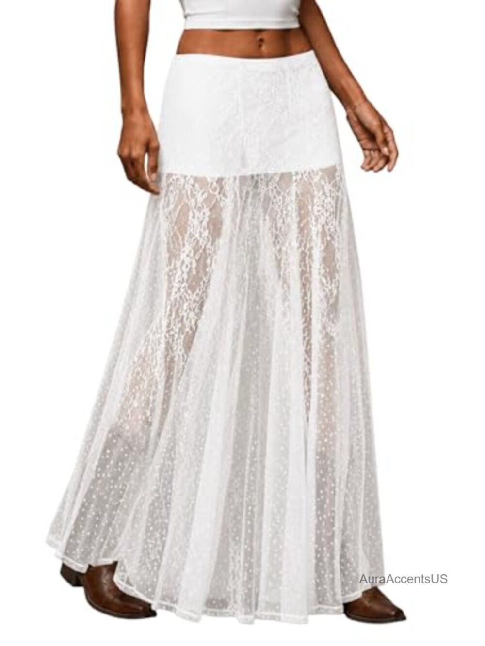 Sheer Lace Maxi Skirt Low Waist Ruffle A-Line Flowy Festival Outfit